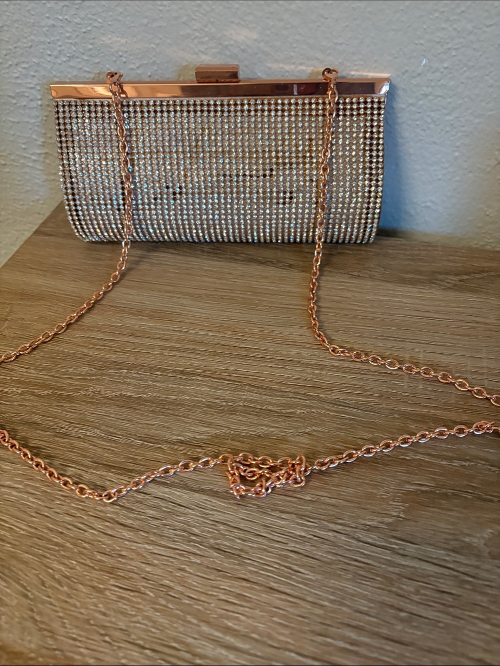 Charming Charlie Rose Gold Crystal Mesh Clutch with Chain